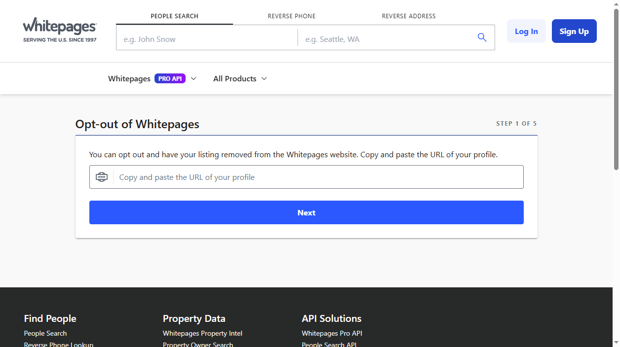 The official Whitepages opt-out form at whitepages.com/suppression-requests