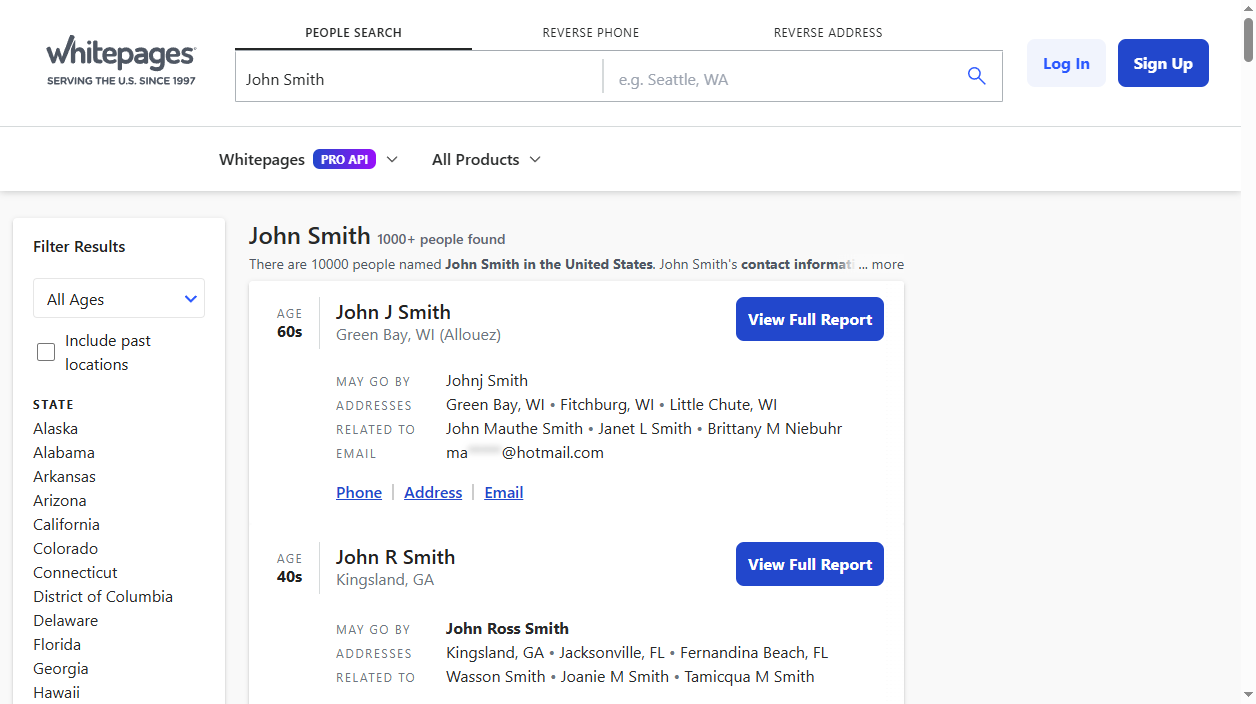 Whitepages search results: find your profile and copy its URL from the address bar